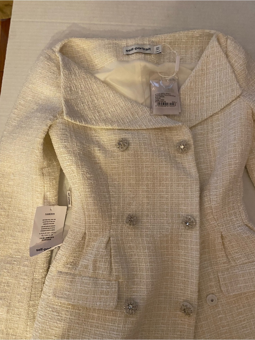 NWT - Self-Portrait Double-Breasted Boucle Tweed Cream Minidress, Size US 2 - Picture 13 of 16